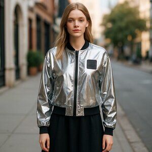 NWT DKNY Metallic Silver Bomber Jacket All Season Y2K  Shiny